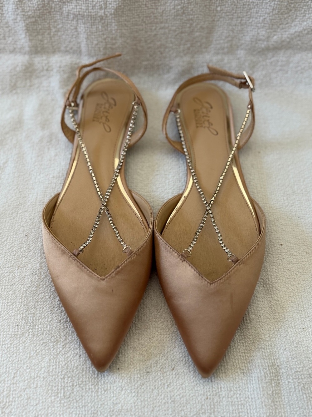 Badgley Mischka Tan Jeweled Pointed Slingback Flats - Picture 2 of 3